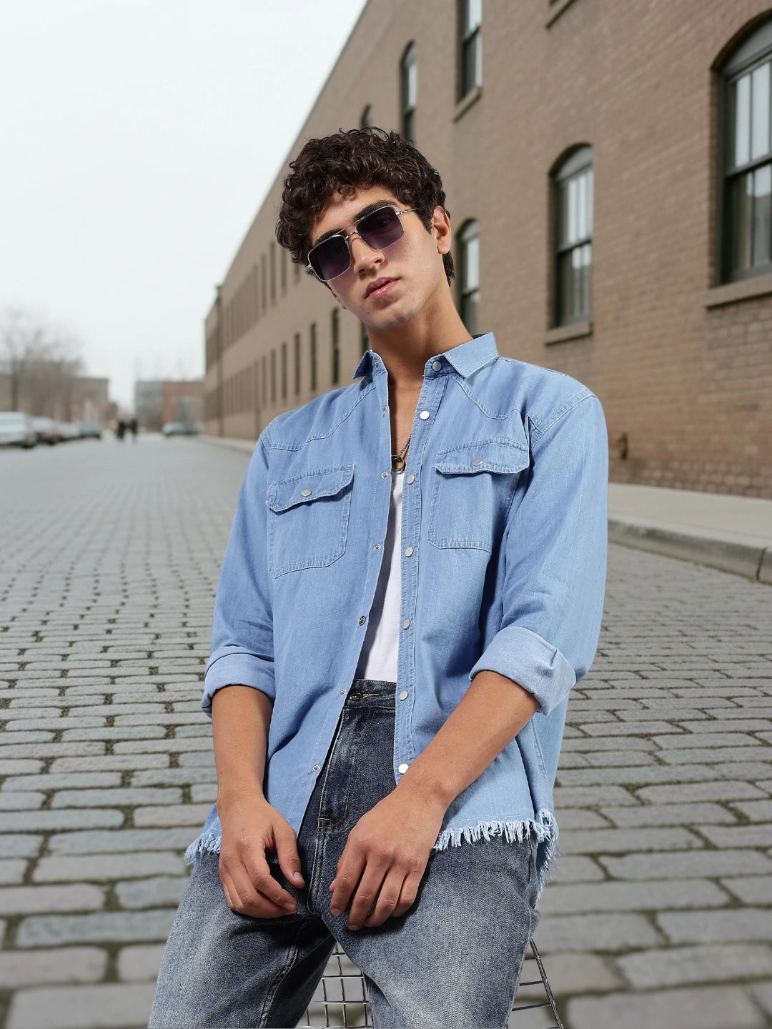 House Of Koala Blue Denim Raw Edge Oversized Relaxed Fit Spread Collar Premium Shirt
