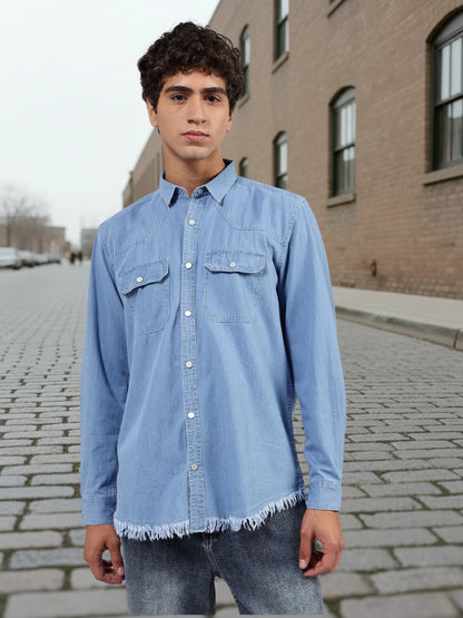 House Of Koala Blue Denim Raw Edge Oversized Relaxed Fit Spread Collar Premium Shirt