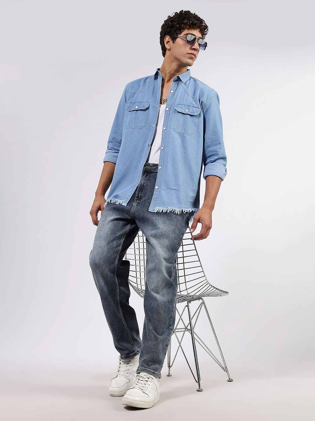House Of Koala Blue Denim Raw Edge Oversized Relaxed Fit Spread Collar Premium Shirt