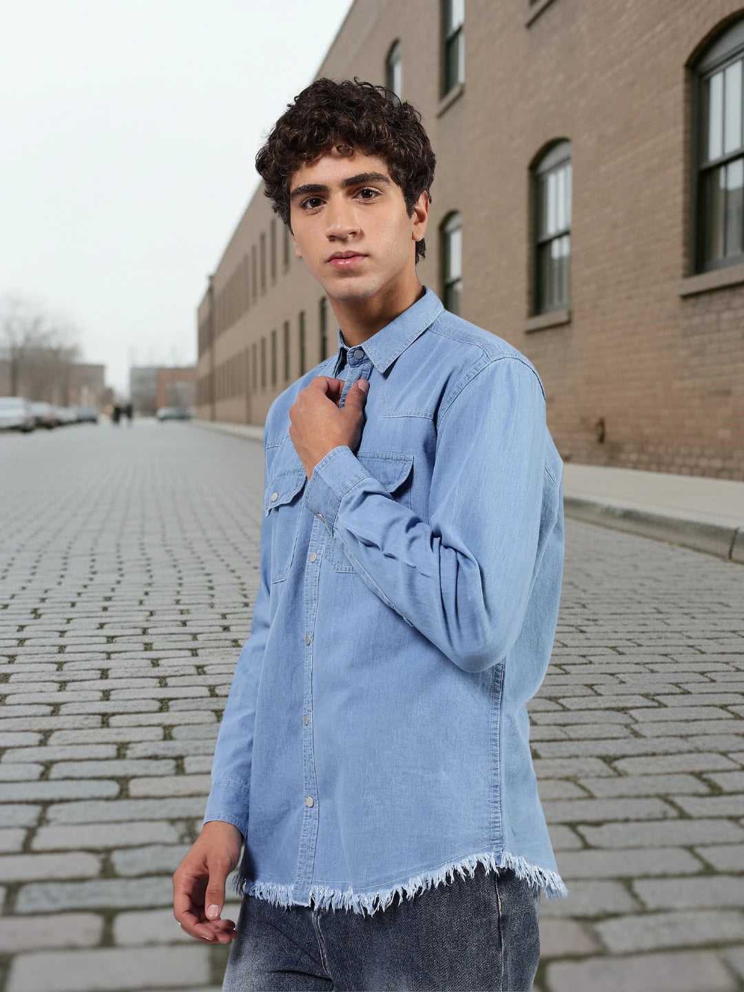 House Of Koala Blue Denim Raw Edge Oversized Relaxed Fit Spread Collar Premium Shirt