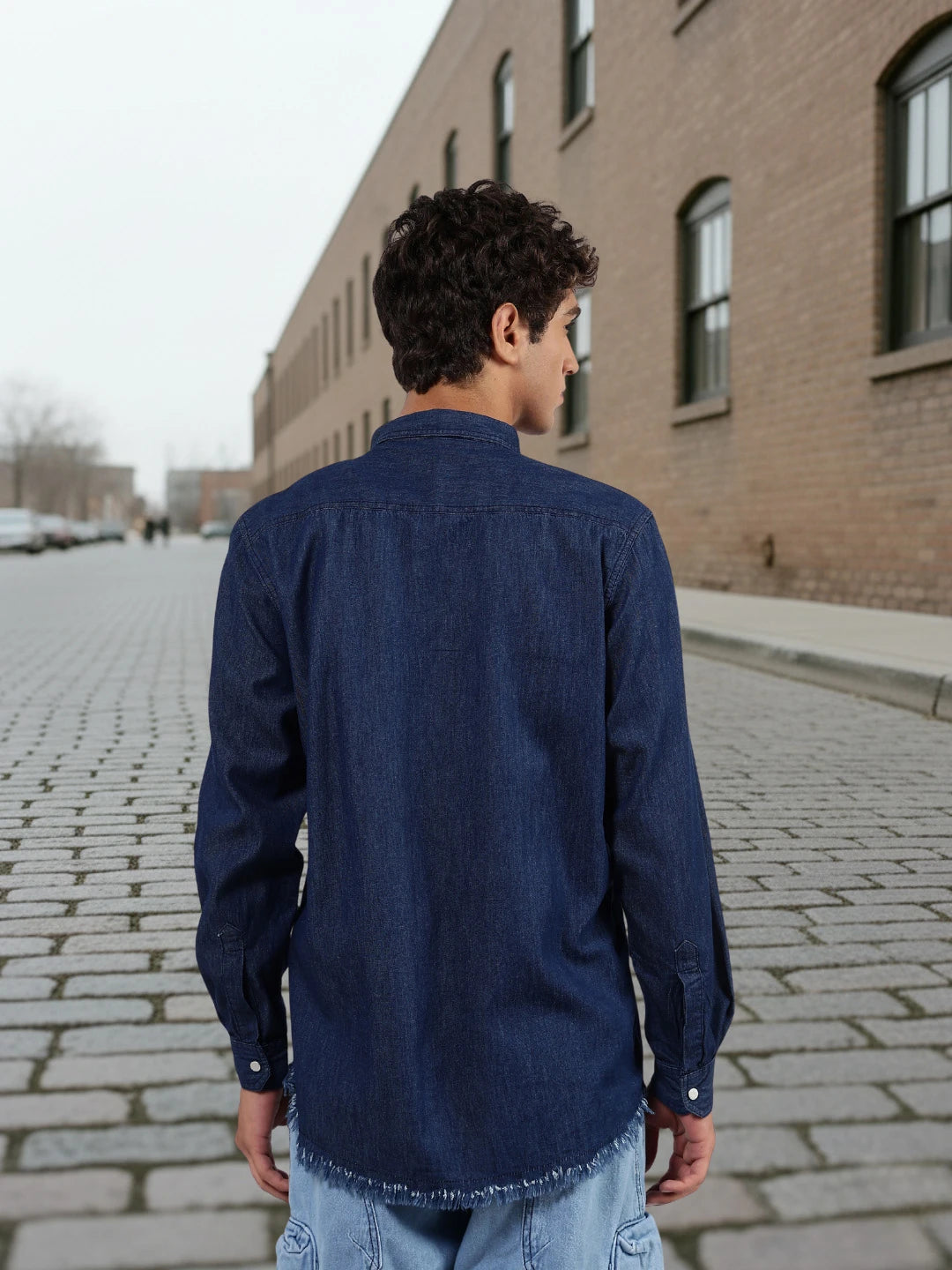 House Of Koala Navy Blue Raw Edge Oversized Relaxed Fit Spread Collar Premium Denim Full Sleeve Shirt