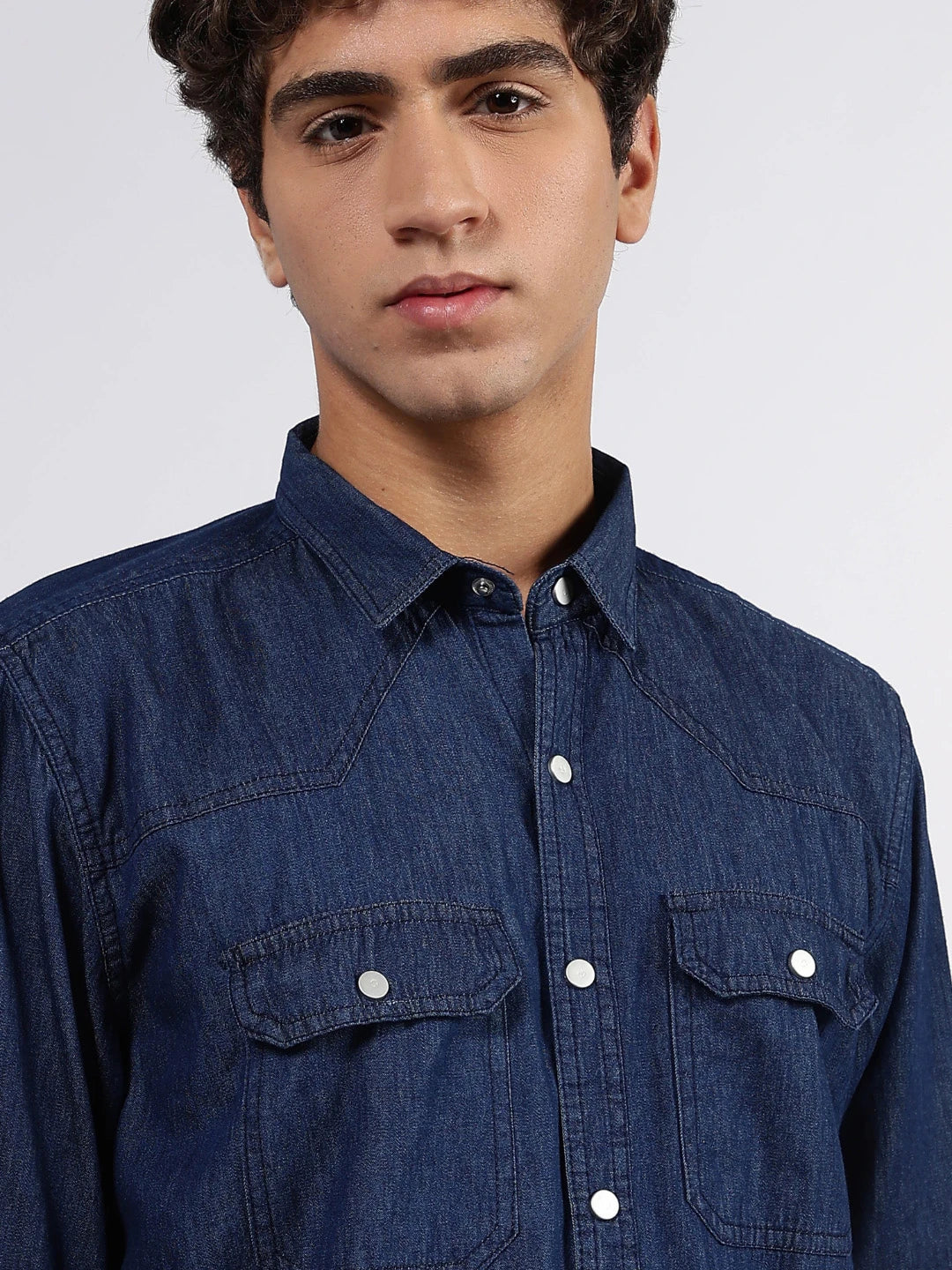 House Of Koala Navy Blue Raw Edge Oversized Relaxed Fit Spread Collar Premium Denim Full Sleeve Shirt