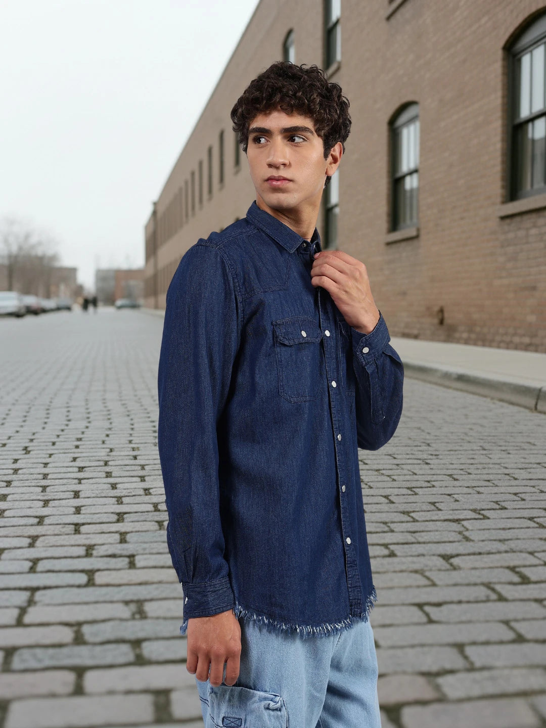 House Of Koala Navy Blue Raw Edge Oversized Relaxed Fit Spread Collar Premium Denim Full Sleeve Shirt