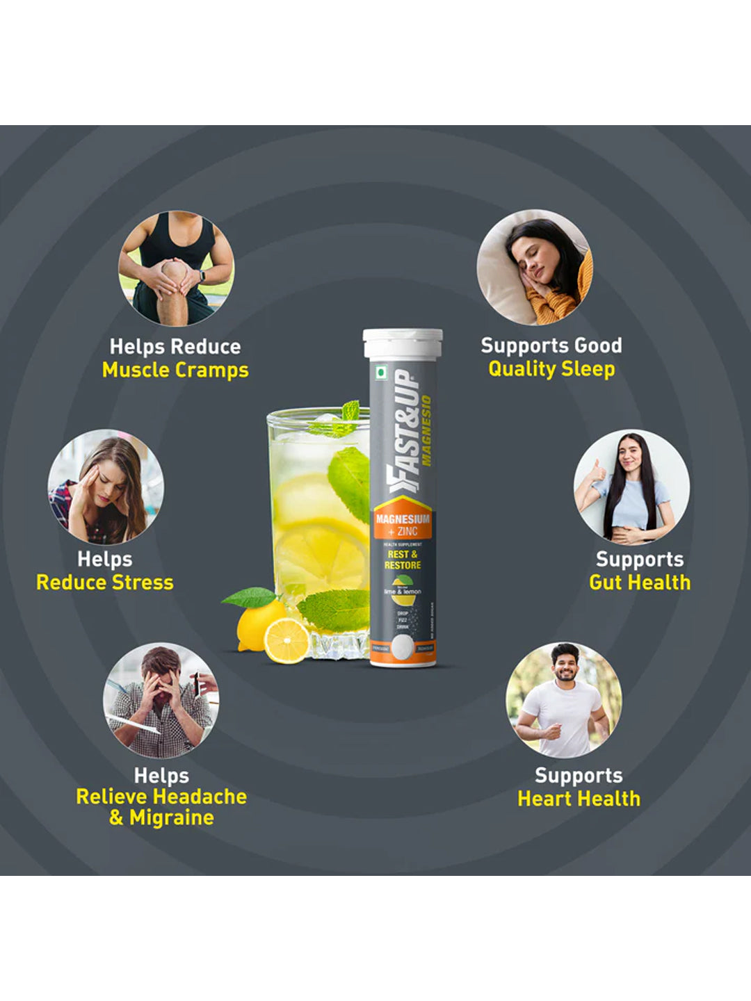 Fast&Up Magnesium + Zinc Lime & Lemon Effervescent 60 Tablets (Pack of 3)