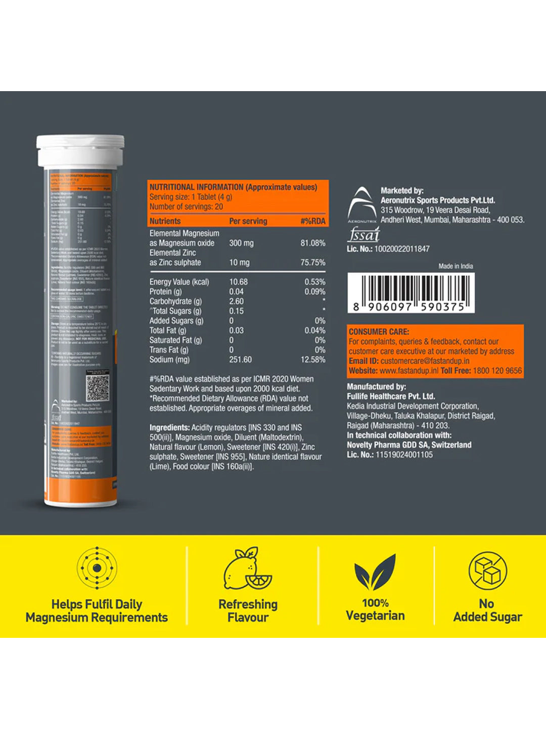 Fast&Up Magnesium + Zinc Lime & Lemon Effervescent 60 Tablets (Pack of 3)
