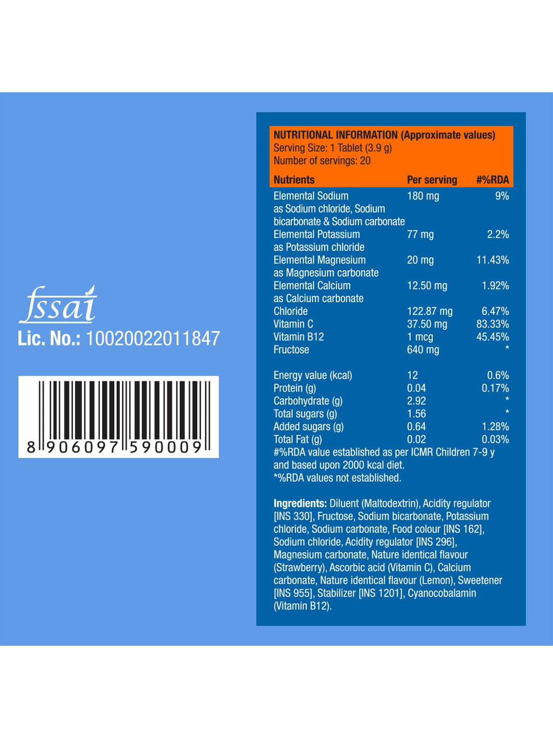 Fast&Up Blueberry Reload Low Sugar Electrolyte Effervescent 60 Tablets (Pack of 3)