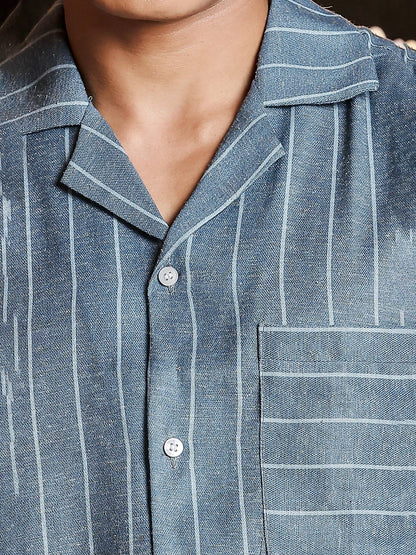 House Of Koala Linen Blend Blue Striped Cuban Collar Classic Relaxed Fit Resort Shirt