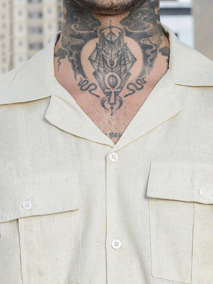 House Of Koala Linen Blend Beige Cuban Collar Classic Relaxed Fit Shirt