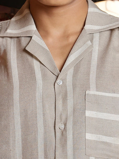 House Of Koala Linen Blend Beige White Striped Cuban Collar Classic Relaxed Fit Resort Shirt
