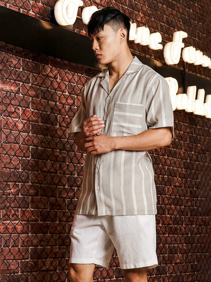 House Of Koala Linen Blend Beige White Striped Cuban Collar Classic Relaxed Fit Resort Shirt