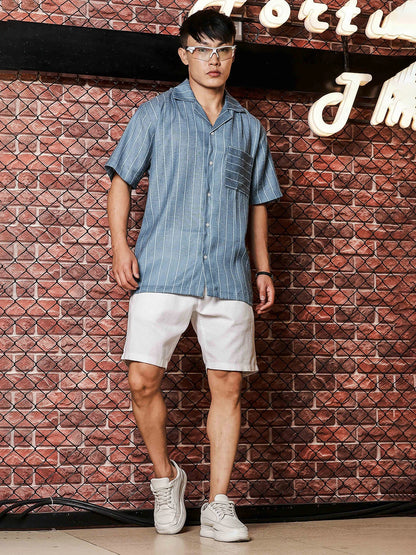 House Of Koala Linen Blend Blue Striped Cuban Collar Classic Relaxed Fit Resort Shirt
