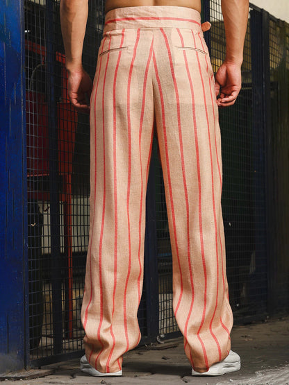 House Of Koala Beige-Orange Striped Linen Blend Double Pleated Gurkha Trousers