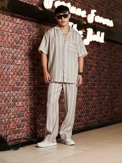 House Of Koala Beige & White Striped Linen Blend Gurkha Trousers with Double Pleated Front