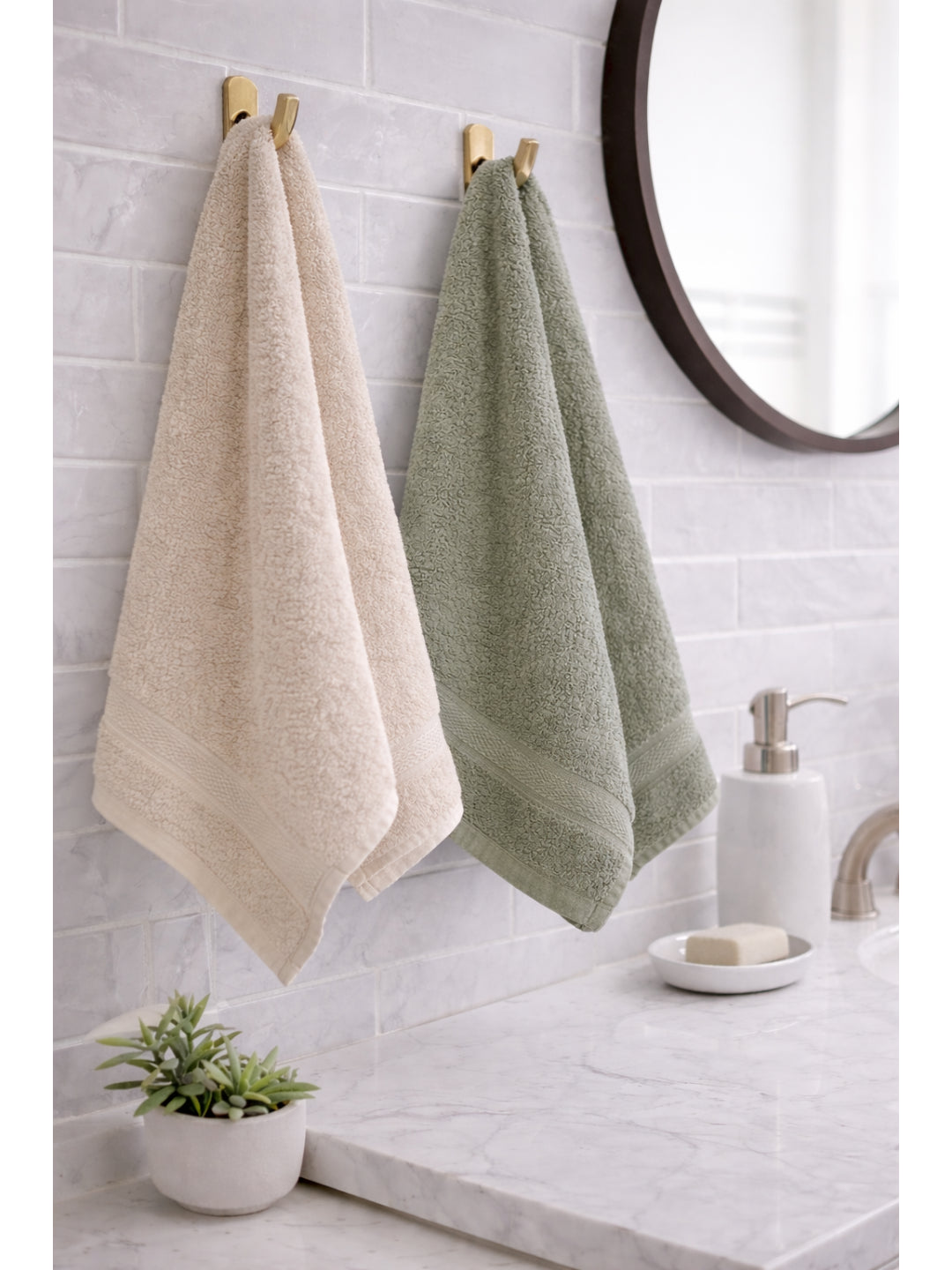 Bamboology Beige & Green Hand Towel Set of 2