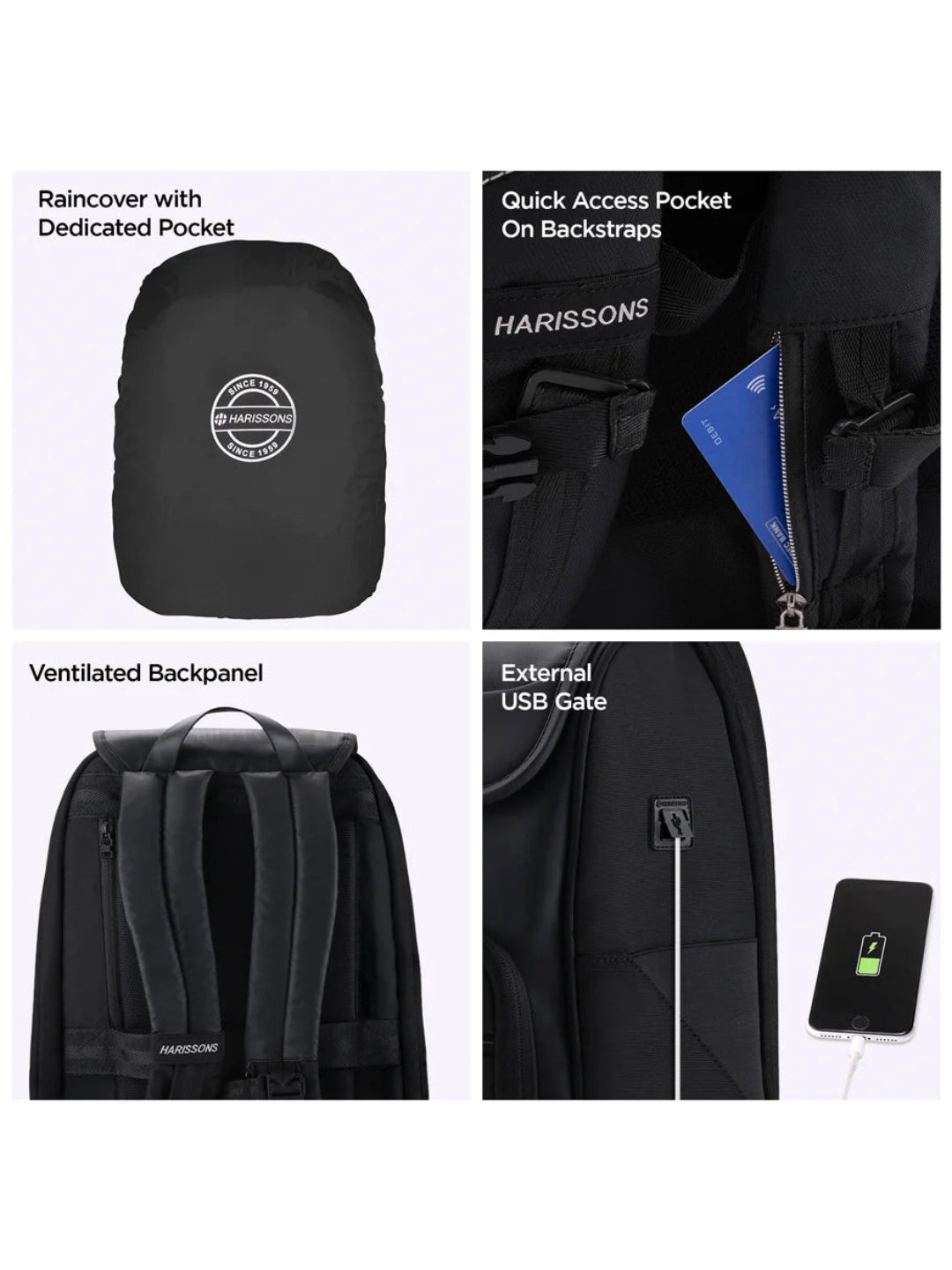 Harrison Bags Carbon Tenacious 30L Premium Laptop Backpack 15.6 Inches Midnight Black