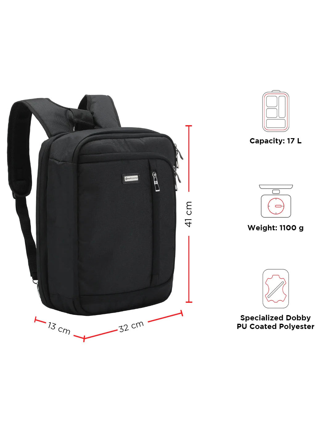Harrison Bags Metro Versatile 17L (3-In-1) Laptop Backpack 15.6 Inches Midnight Black