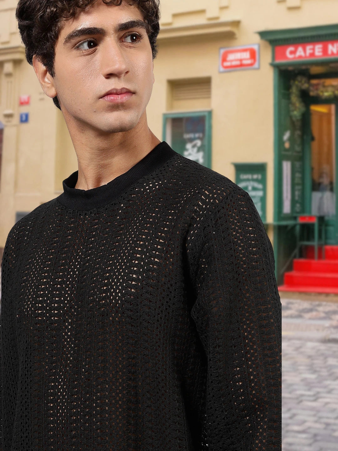 House Of Koala Black Oversized Fit Premium Cotton Crochet T-Shirt