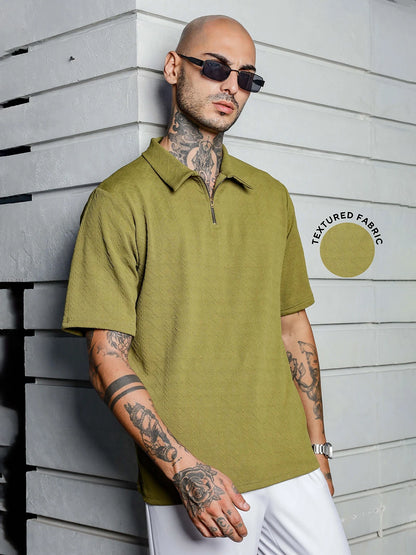 House Of Koala Olive Textured Polo Neck Relaxed Fit T-Shirt