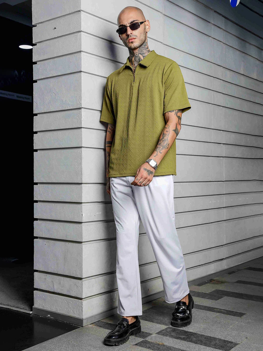 House Of Koala Olive Textured Polo Neck Relaxed Fit T-Shirt