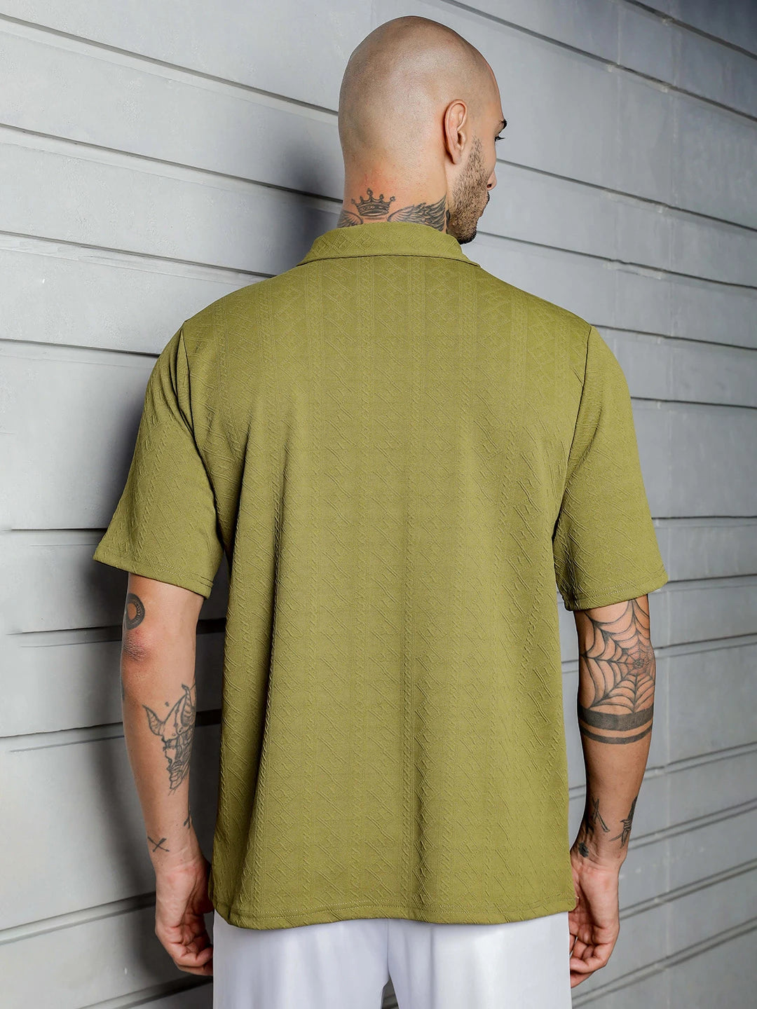 House Of Koala Olive Textured Polo Neck Relaxed Fit T-Shirt