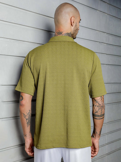House Of Koala Olive Textured Polo Neck Relaxed Fit T-Shirt