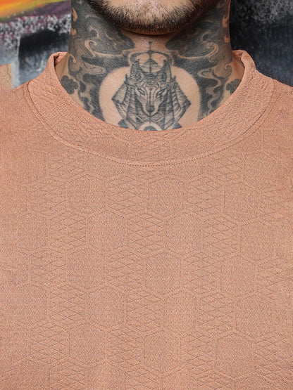 House Of Koala Brown Textured Round Neck Oversized T-Shirt