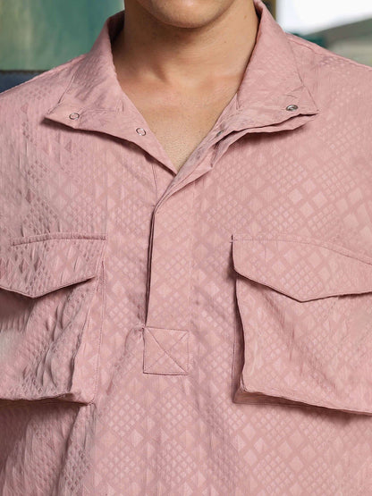 House Of Koala Pink Oversized Jacquard Textured Shirt Shacket