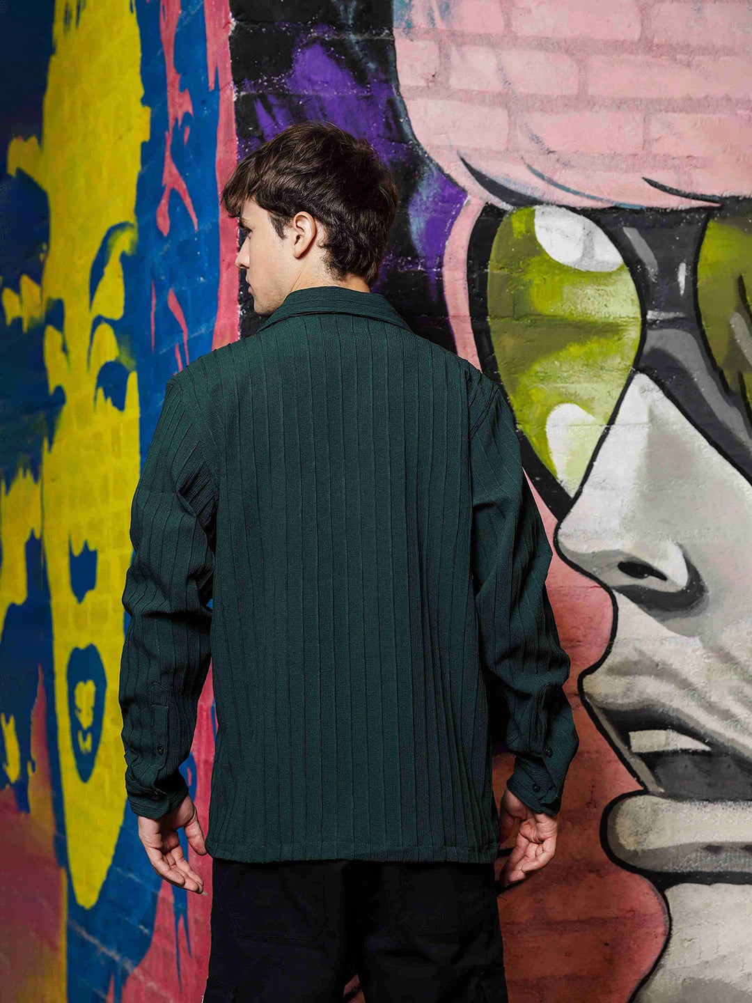 House Of Koala Green Knit Textured Ribbed Relaxed Fit Korean Shacket Shirt