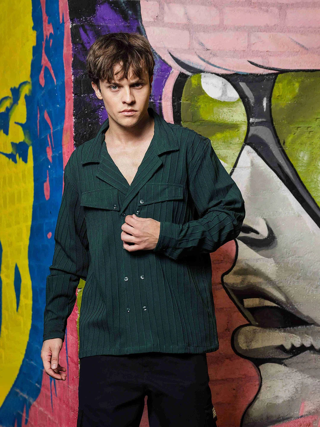 House Of Koala Green Knit Textured Ribbed Relaxed Fit Korean Shacket Shirt