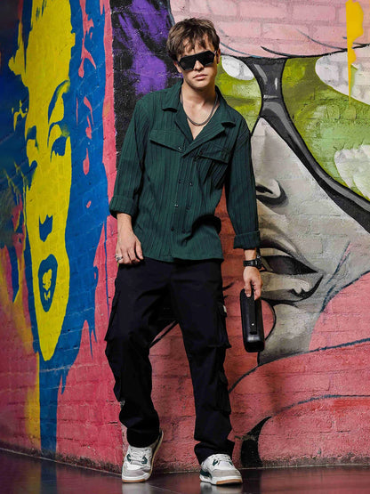 House Of Koala Green Knit Textured Ribbed Relaxed Fit Korean Shacket Shirt