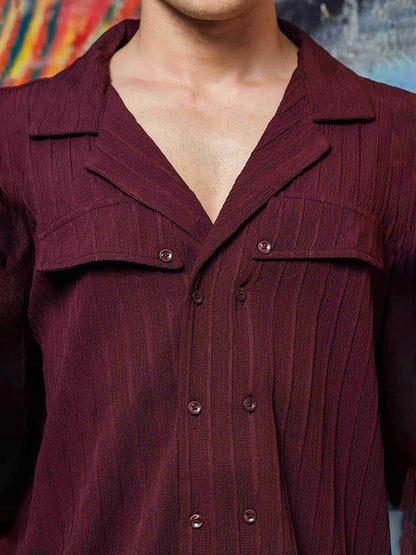 House Of Koala Maroon Rib Textured Relaxed Korean Shacket Shirt