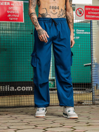 House Of Koala Baggy Fit Blue 6-Pocket Parachute Cargo Trousers