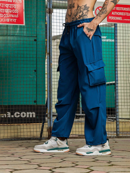 House Of Koala Baggy Fit Blue 6-Pocket Parachute Cargo Trousers