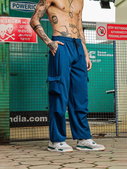 House Of Koala Baggy Fit Blue 6-Pocket Parachute Cargo Trousers
