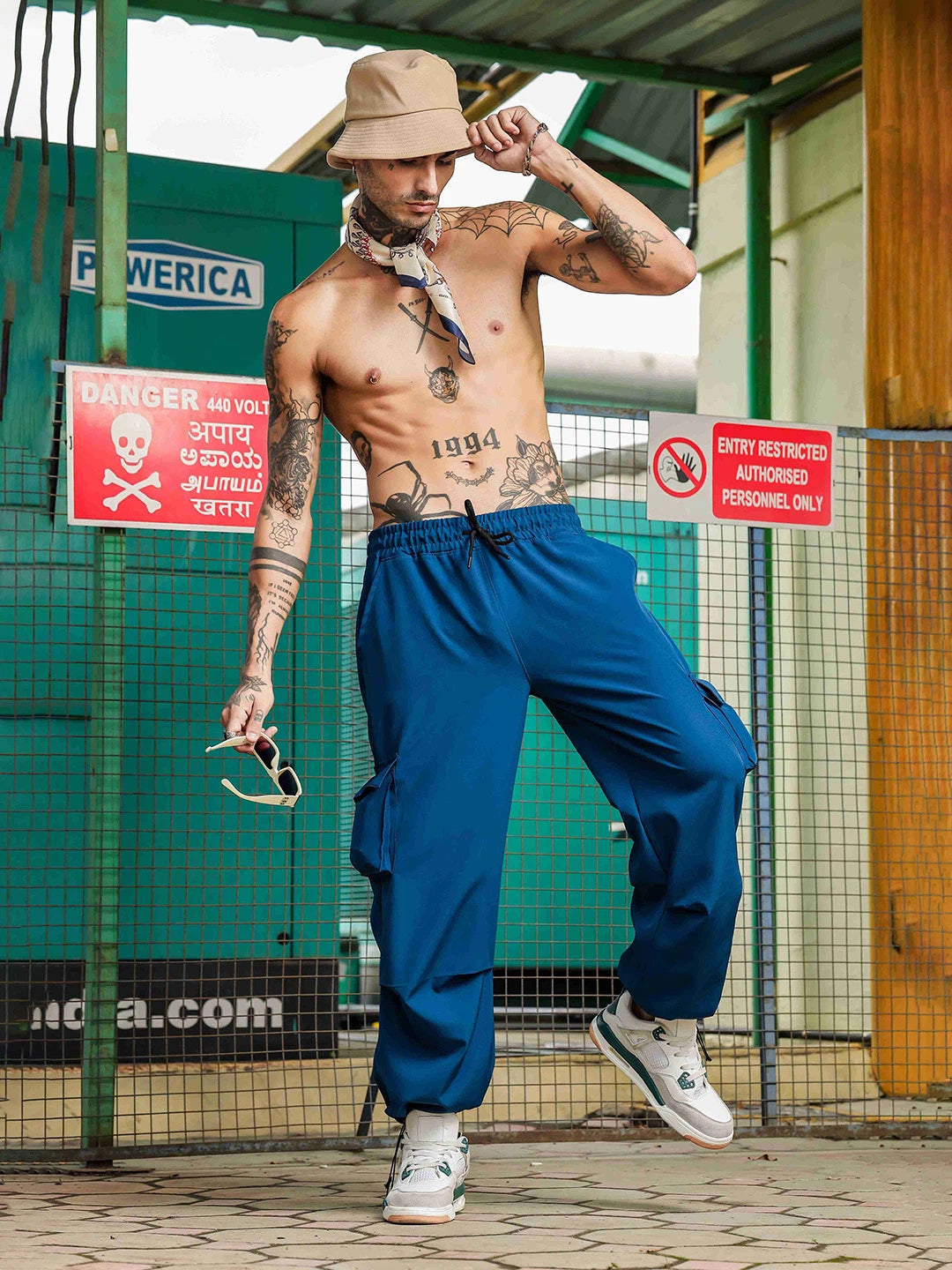 House Of Koala Baggy Fit Blue 6-Pocket Parachute Cargo Trousers