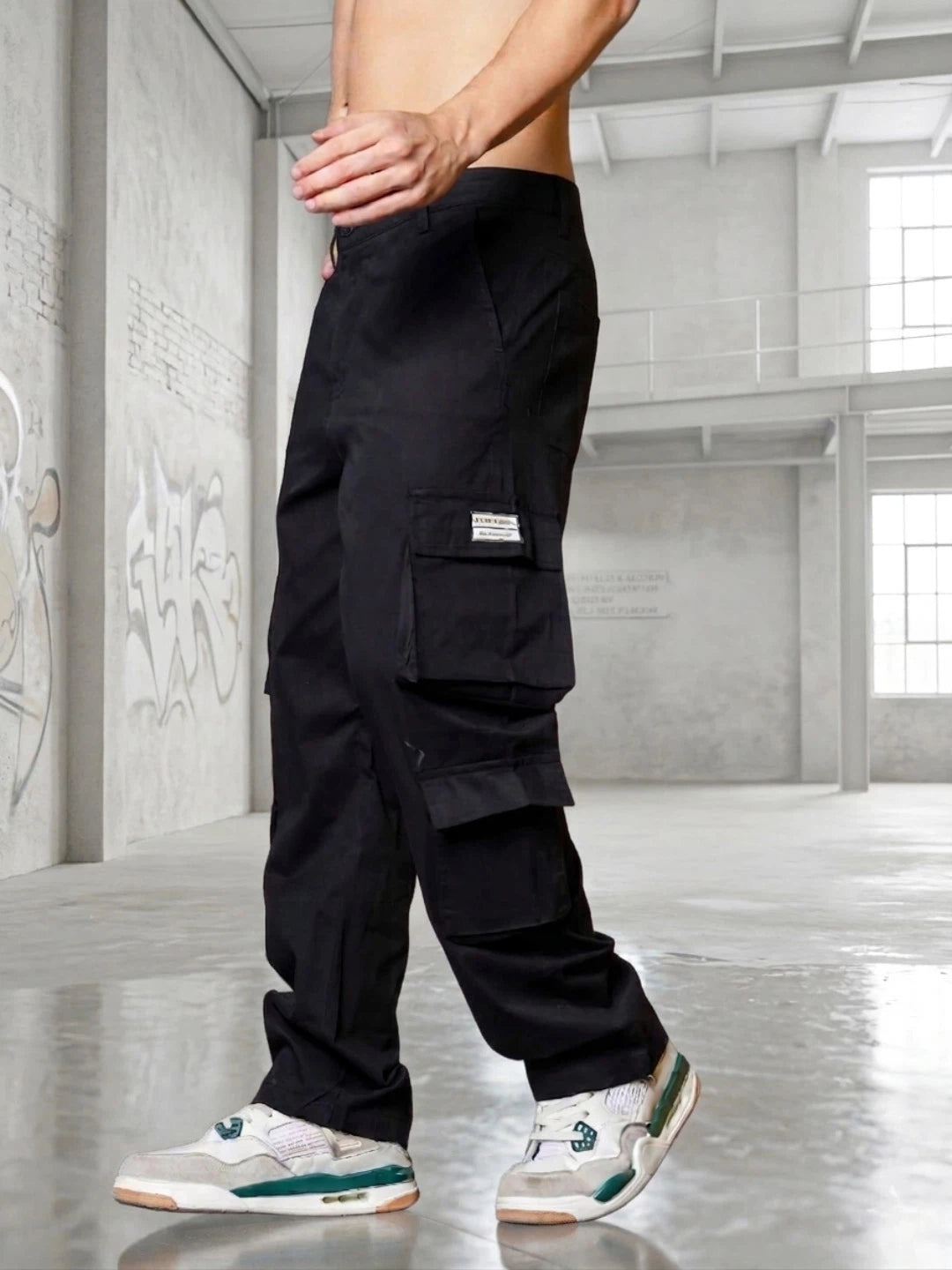 House Of Koala Black Baggy Fit Streetwear Style 8 Pocket Pure Cotton Cargo Trousers