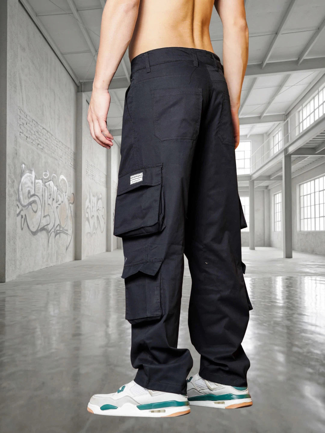 House Of Koala Black Baggy Fit Streetwear Style 8 Pocket Pure Cotton Cargo Trousers