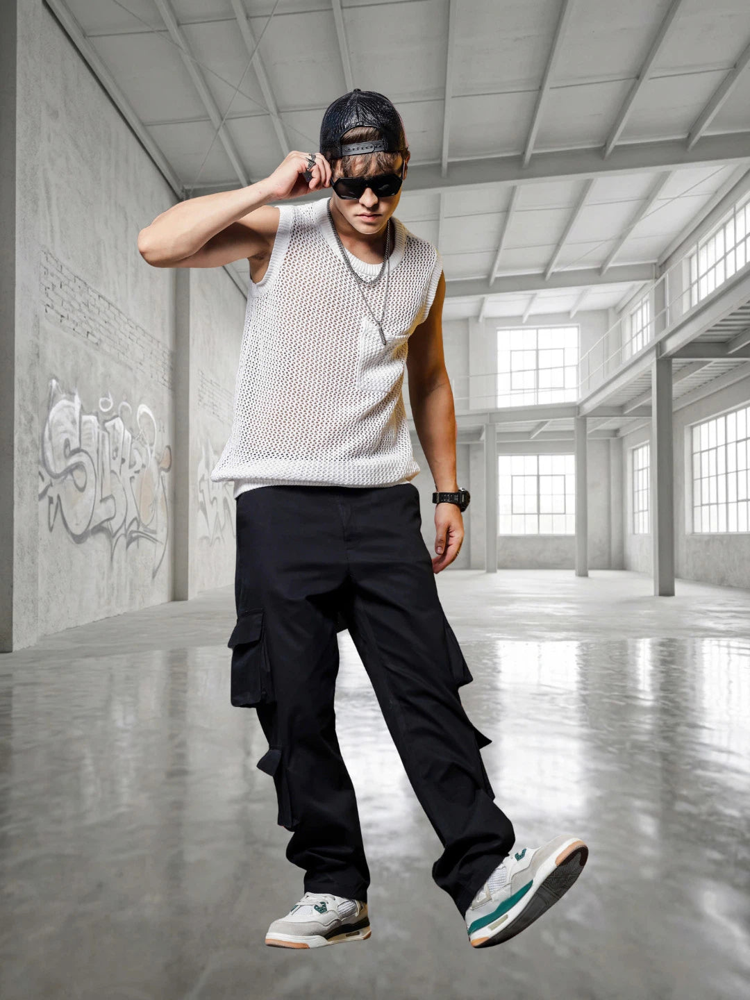 House Of Koala Black Baggy Fit Streetwear Style 8 Pocket Pure Cotton Cargo Trousers