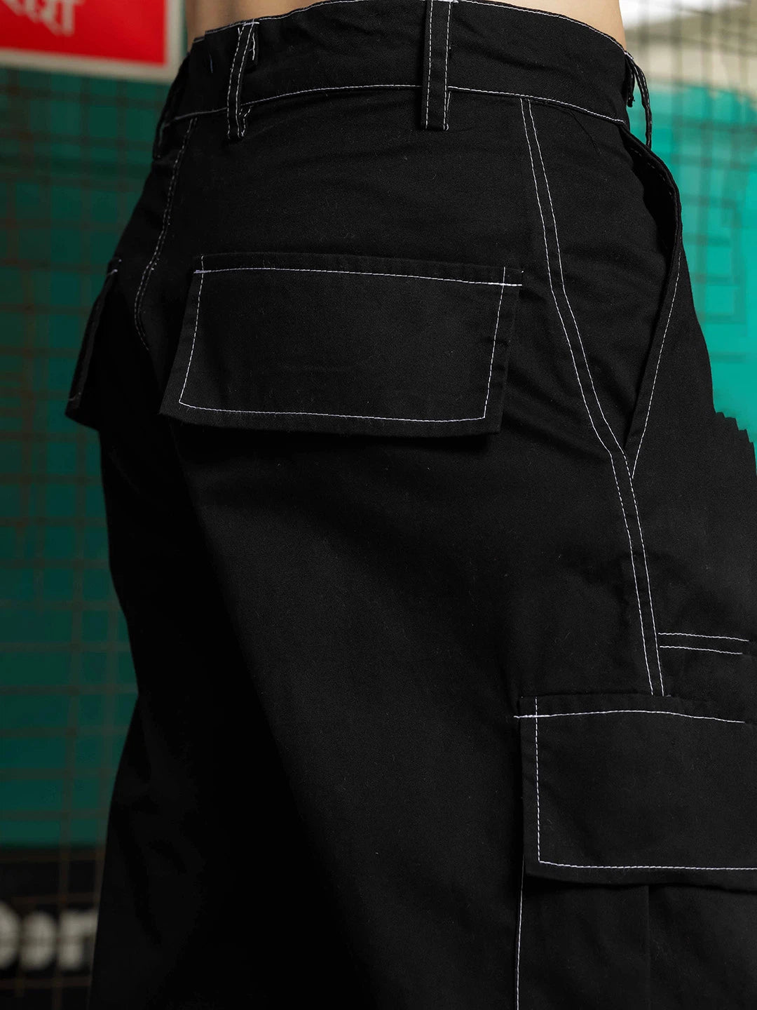 House Of Koala Black Mid-Rise Baggy Fit Pure Cotton 8-Pocket Cargo Trousers