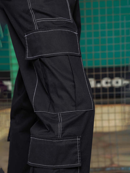 House Of Koala Black Mid-Rise Baggy Fit Pure Cotton 8-Pocket Cargo Trousers
