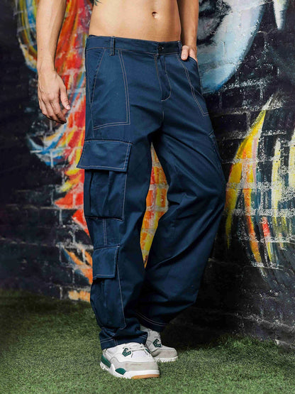 House Of Koala Navy Baggy fit 8-Pocket Pure Cotton Cargo Trousers