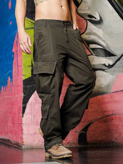 House Of Koala Relaxed fit Olive 8-Pocket Baggy Cargo Trousers