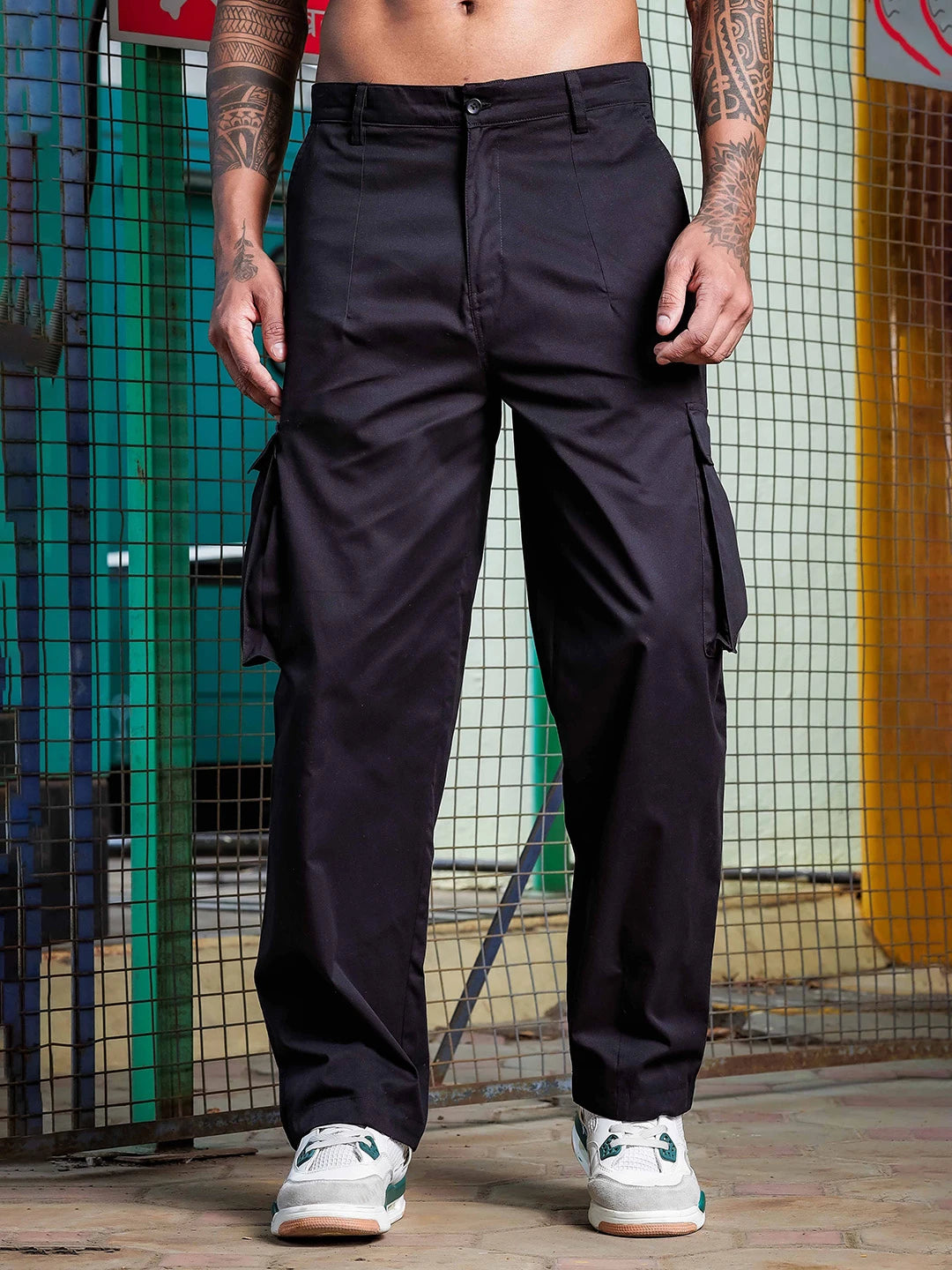 House Of Koala Black Baggy fit Korean Style 6 Pocket Relaxed Fit Pure Cotton Cargo Trousers