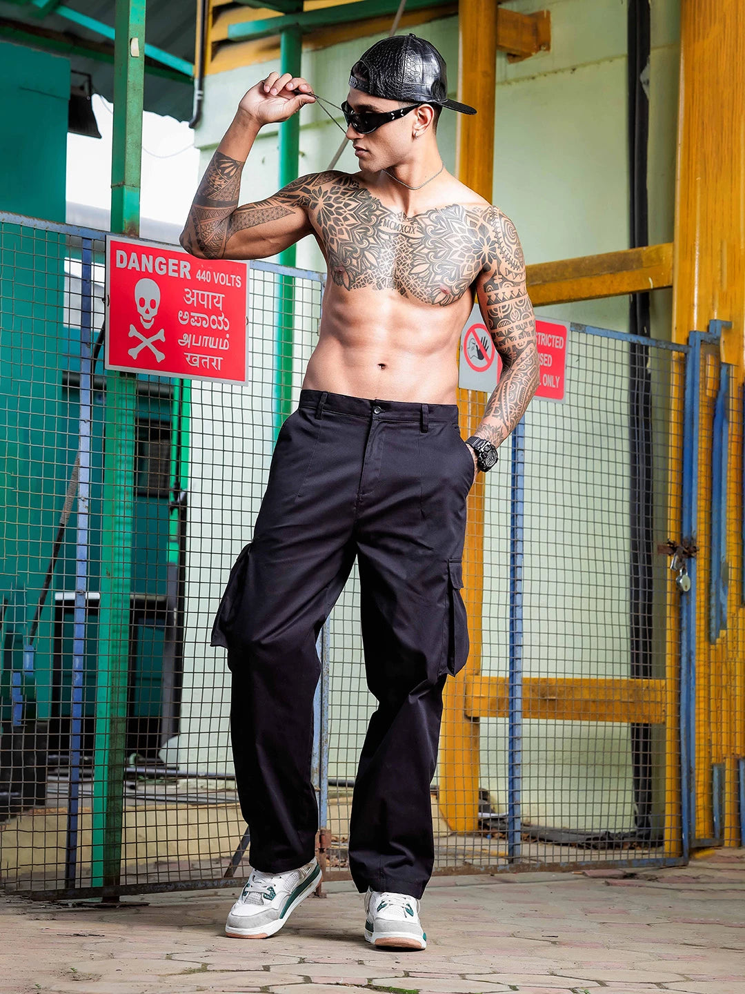 House Of Koala Black Baggy fit Korean Style 6 Pocket Relaxed Fit Pure Cotton Cargo Trousers