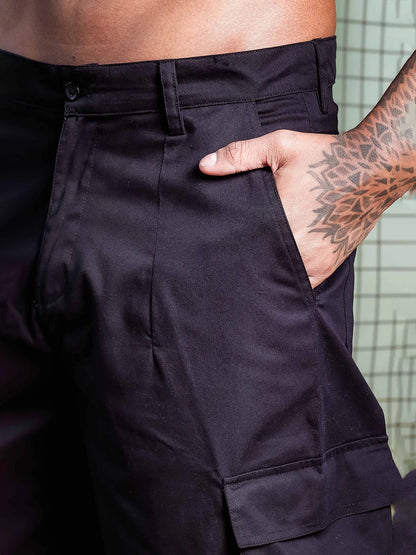 House Of Koala Black Baggy fit Korean Style 6 Pocket Relaxed Fit Pure Cotton Cargo Trousers
