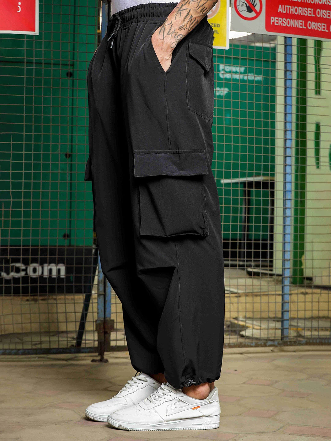 House Of Koala Black Baggy Fit Parachute Cargo Trousers