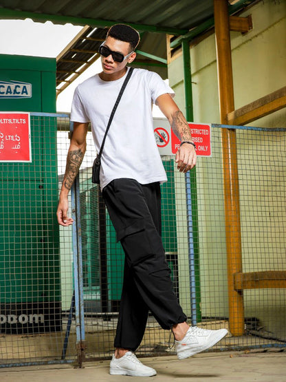 House Of Koala Black Baggy Fit Parachute Cargo Trousers