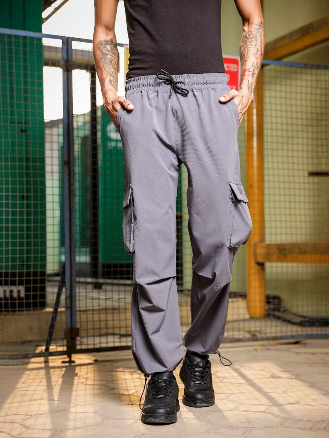 House Of Koala Baggy Fit Grey Parachute Cargo Trousers