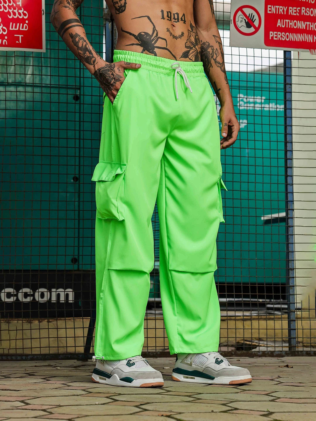 House Of Koala Baggy Fit Neon Green Parachute Cargo Trousers