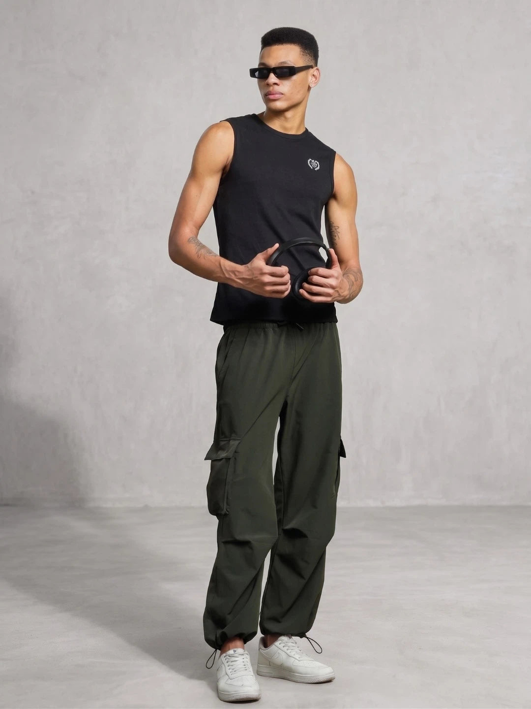 House Of Koala Olive Baggy Fit Parachute Cargo Trousers